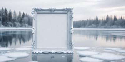 The primary subject of the image is a white picture frame. The setting is a snowy environment, with a frozen lake in the background. The visual style is a photo, capturing the beauty of the snowy landscape. The colors and mood are predominantly white, giving the image a serene and peaceful atmosphere.